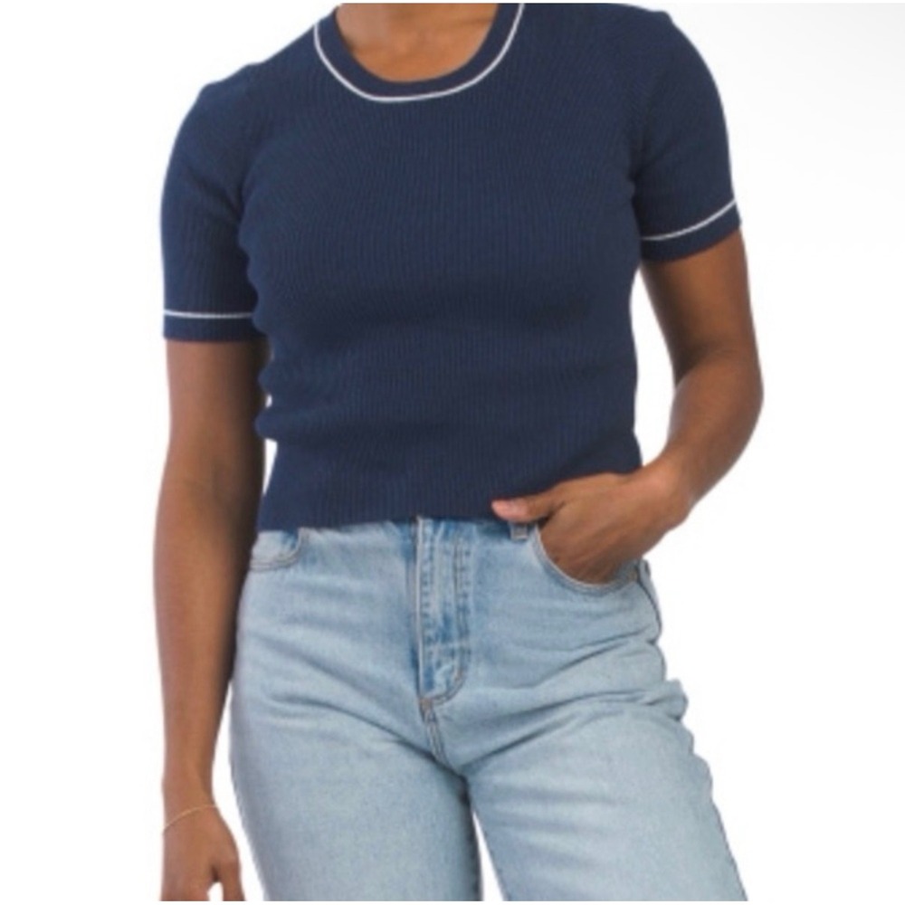 ATM Anthony Thomas Melillo Cotton Cashmere Ribbed Tee Navy Contrast Trim S